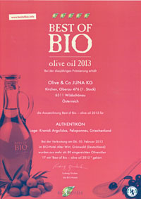 The Best of Bio Award given to Authentikon organic olive oil